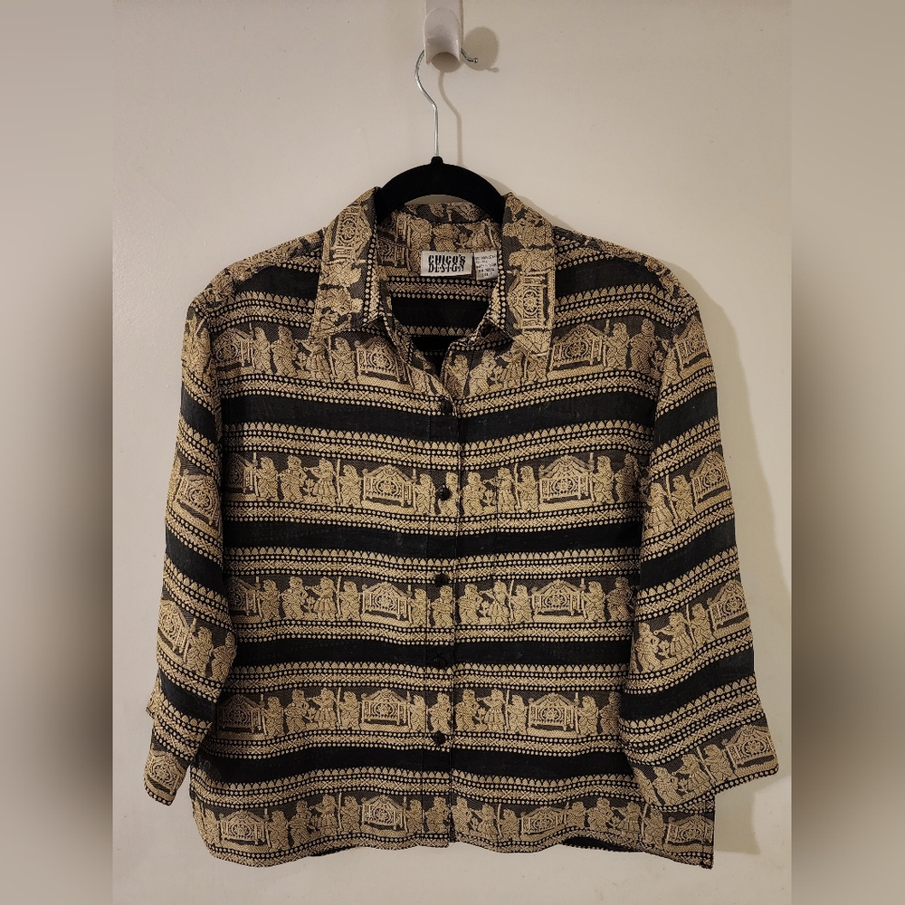 Chico's Vintage Tribal Print Silk Blend Button-Up Blouse - Size 1 (Medium)